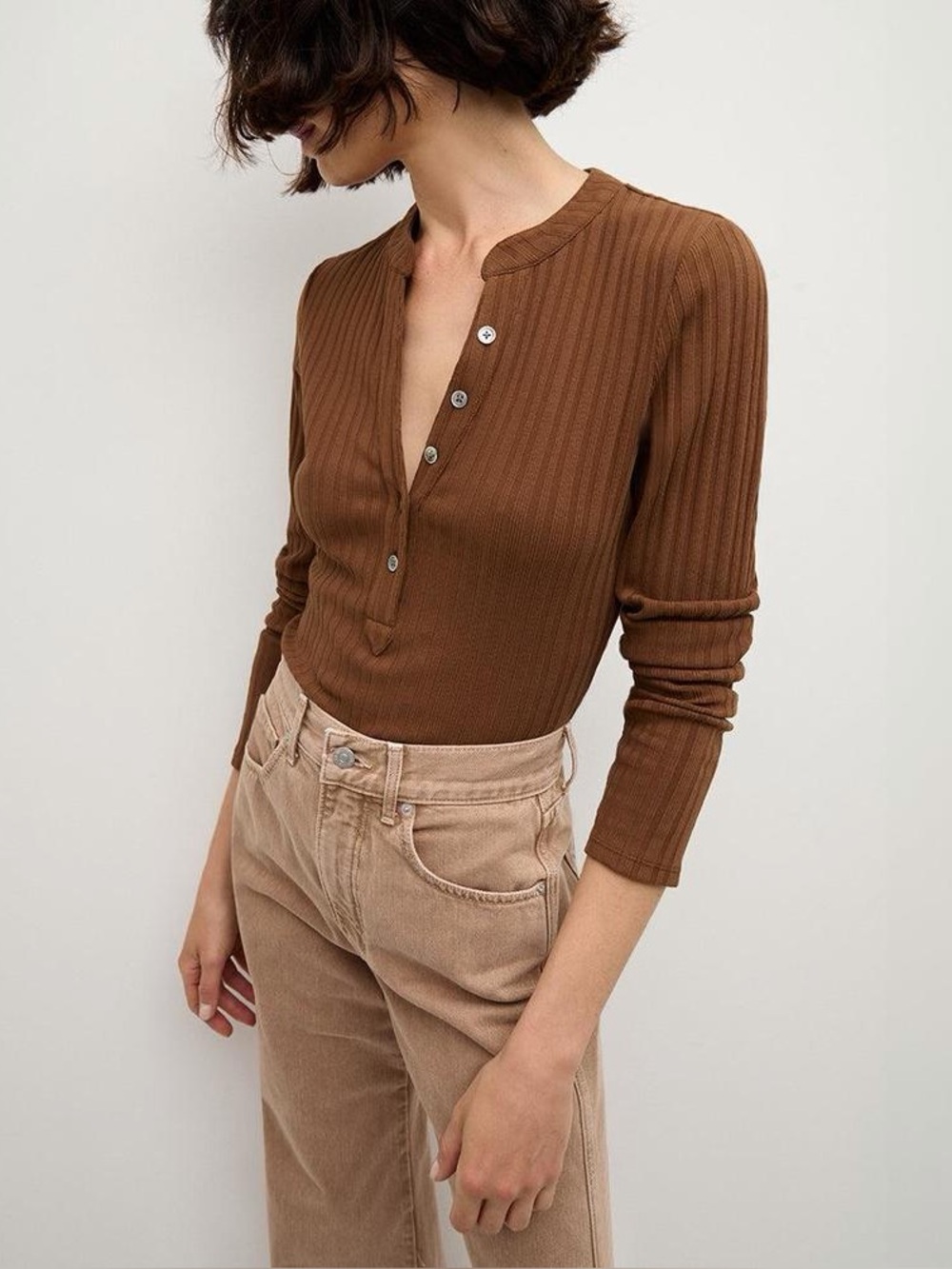 Veronica Beard Jocelyn Dark Cocoa Brown Ribbed Henley Long Sleeve Shirt Small